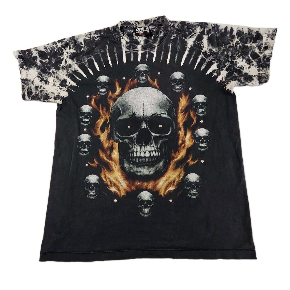 Vtg Skull Shirtz T Shirt Mens LG Black Grunge Y2K Biker All Over Print Goth